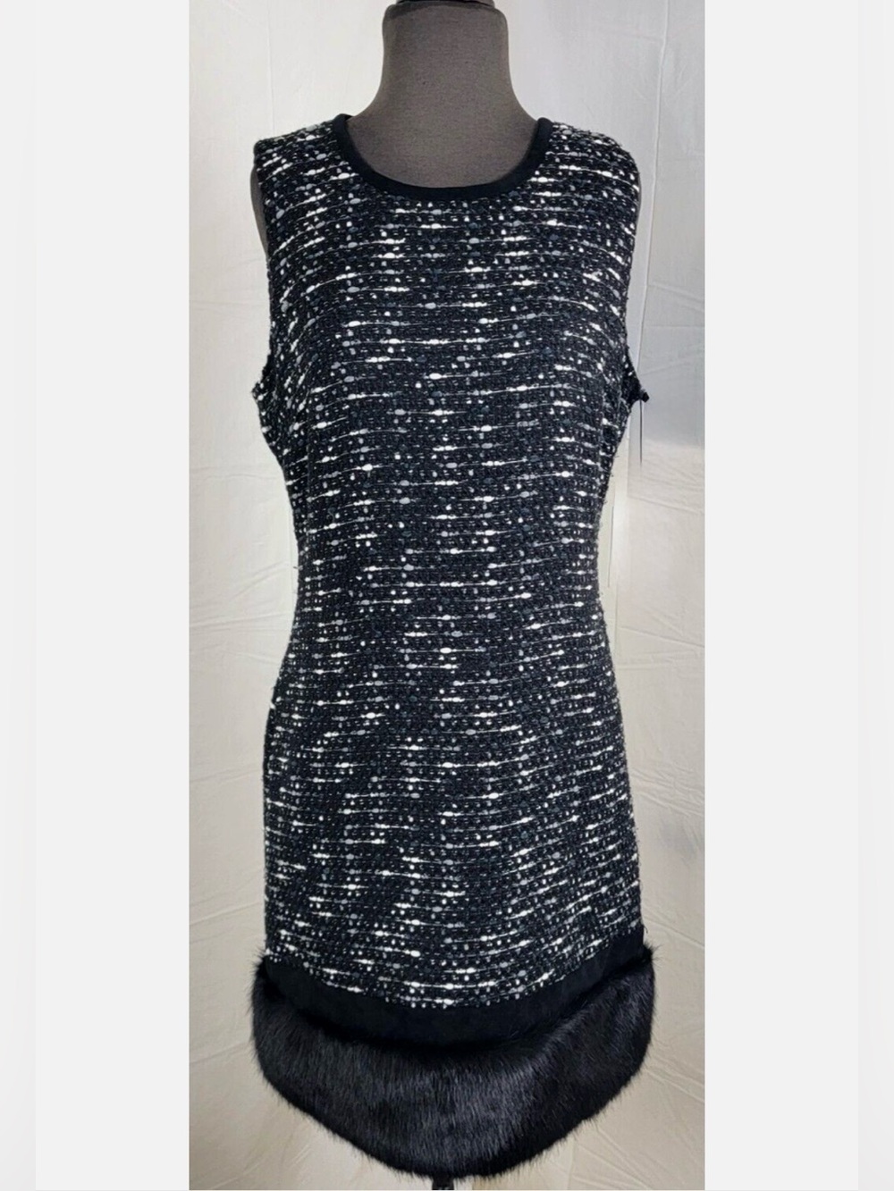 NEW Calvin Klein tweed faux fur sheath cocktail little black dress shimmer grey